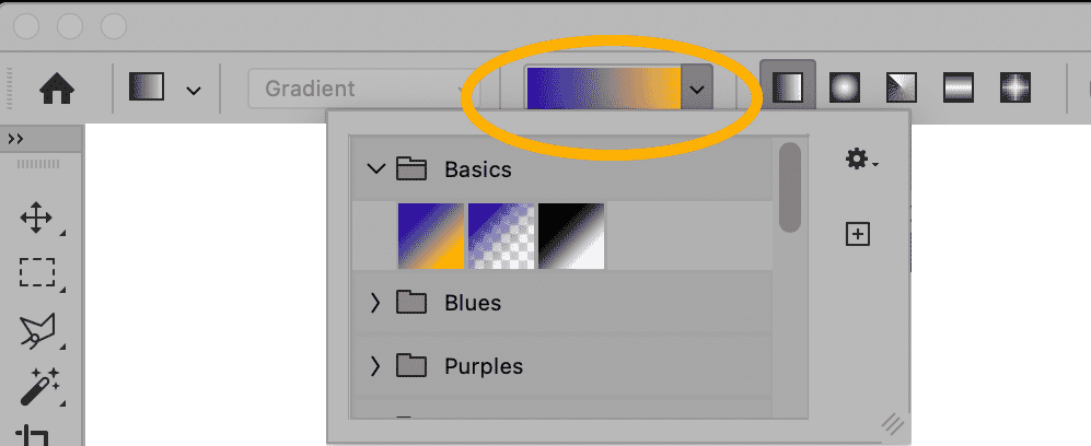 Close-up of Photoshop’s Gradient Tool options panel showing gradient presets, including blue-to-yellow and grayscale options.