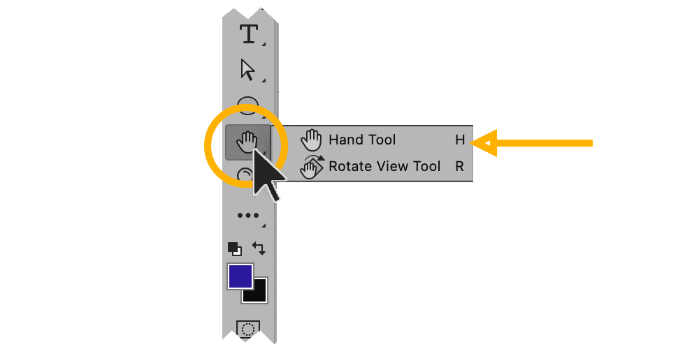 Photoshop toolbar showing Hand Tool menu with options for Hand Tool and Rotate View Tool, with keyboard shortcuts.