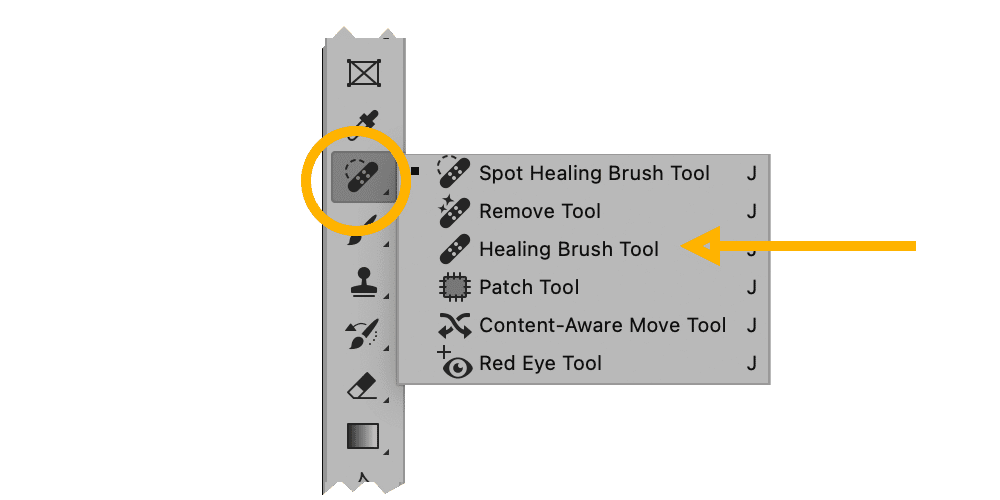 Photoshop toolbar with Healing Brush tool and options highlighted by yellow circle and arrow.
