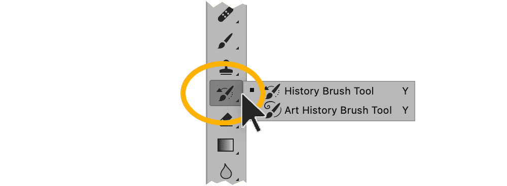 Photoshop toolbar showing the History Brush Tool dropdown menu with options for History Brush and Art History Brush tools.