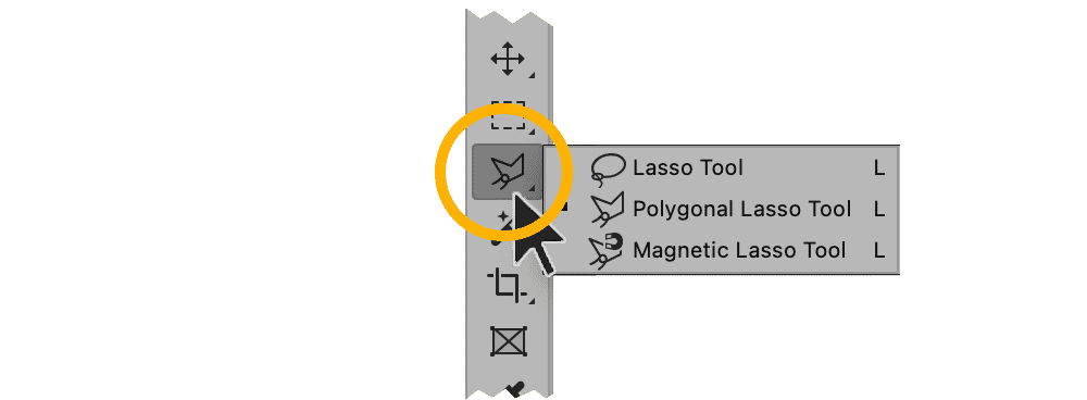 Photoshop toolbar showing the Lasso Tool dropdown menu with options for Lasso, Polygonal Lasso, and Magnetic Lasso tools.