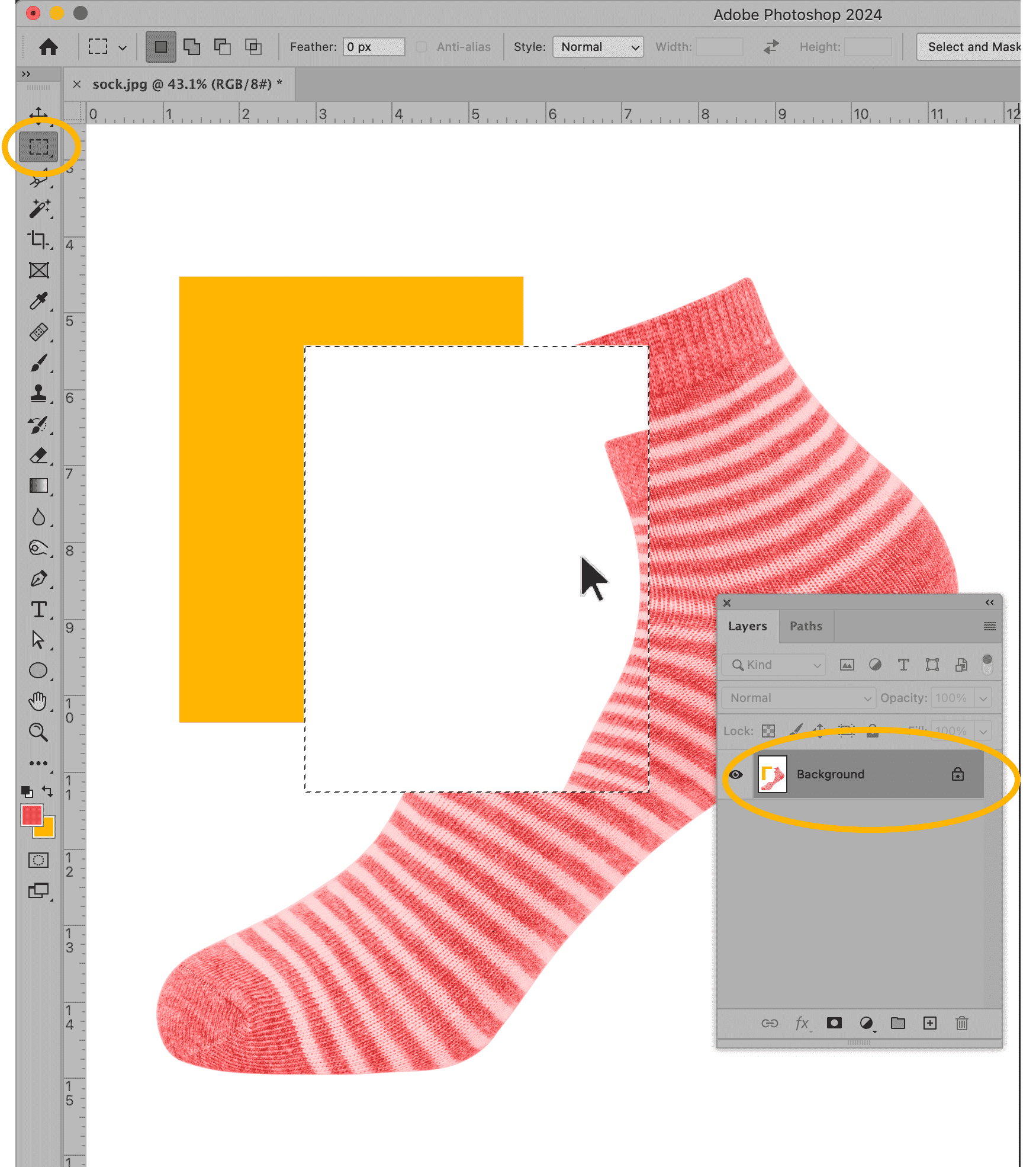 Photoshop interface showing the Marquee tool selection around a red-striped sock with the Layers panel displaying a locked background layer.