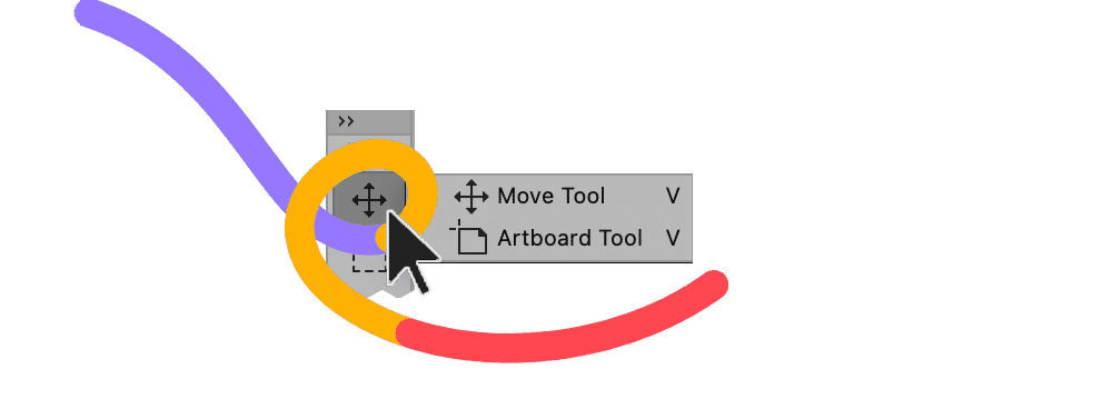 Photoshop toolbar showing the selection of the Move and Artboard tools with a colorful highlight ring.