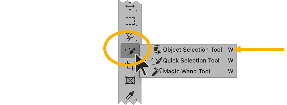 Close-up of Photoshop toolbar showing Object Selection Tool menu options, including Quick Selection and Magic Wand tools.