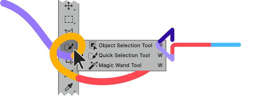 Close-up of Photoshop toolbar showing Object, Quick Selection, and Magic Wand tool options with colorful highlights.