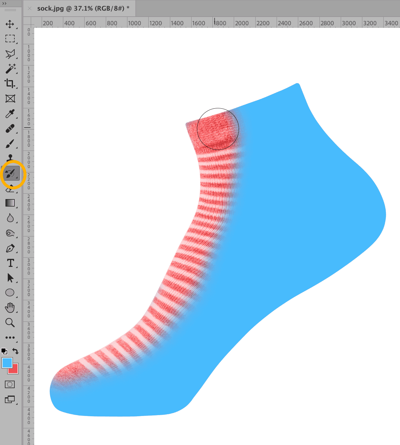 Using the object selection tool in Photoshop to edit a sock design with red stripes and a blue overlay.