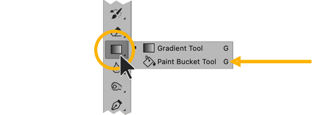 Photoshop interface showing the Paint Bucket Tool selection with shortcut key "G" highlighted