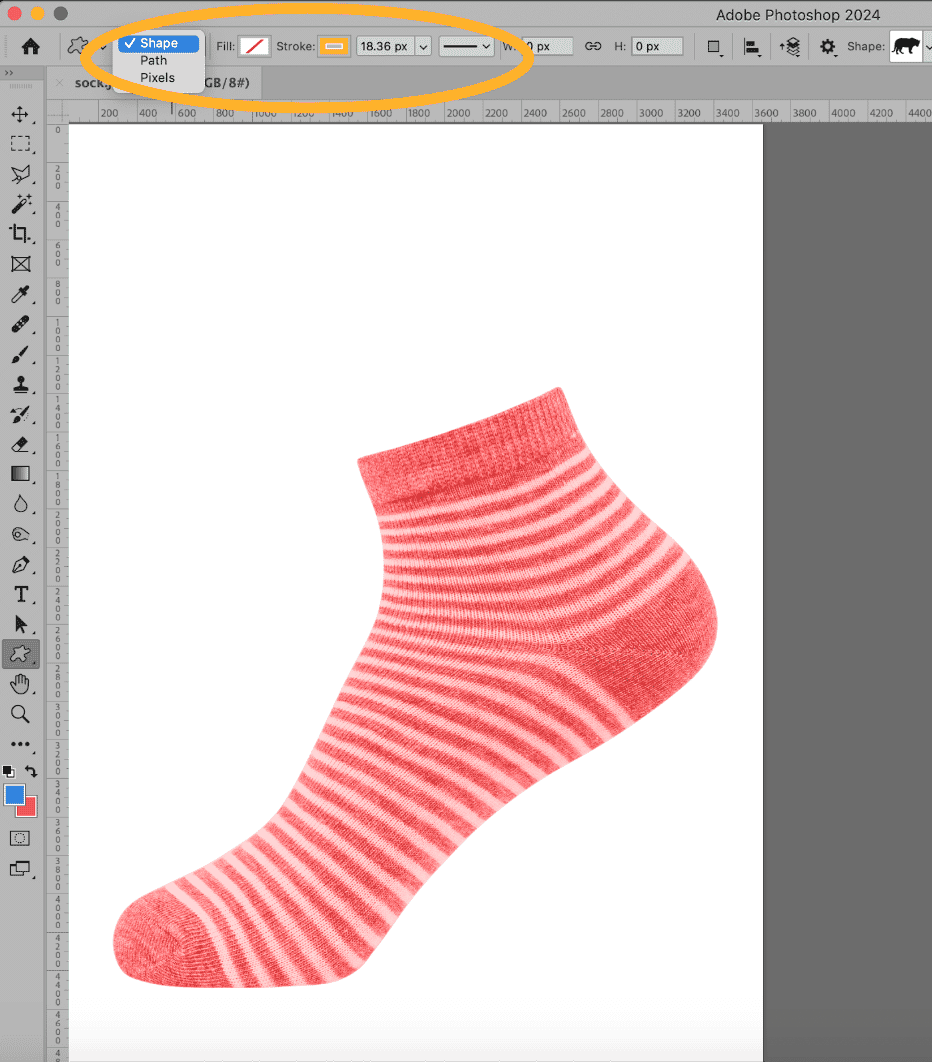 Options bar in Adobe Photoshop showing the dropdown menu for selecting Shape, Path, or Pixels, with Shape selected.