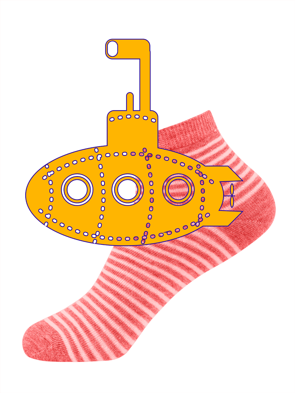Custom yellow submarine shape overlaying a red striped sock in Adobe Photoshop, showcasing the Shape Tool feature.