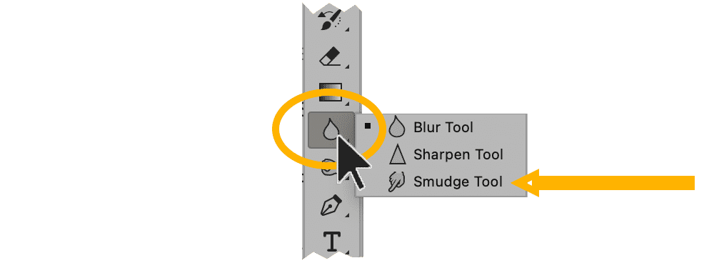 Photoshop toolbar showing the Blur Tool dropdown menu with options for Blur, Sharpen, and Smudge tools, highlighted with an arrow pointing to Smudge Tool.