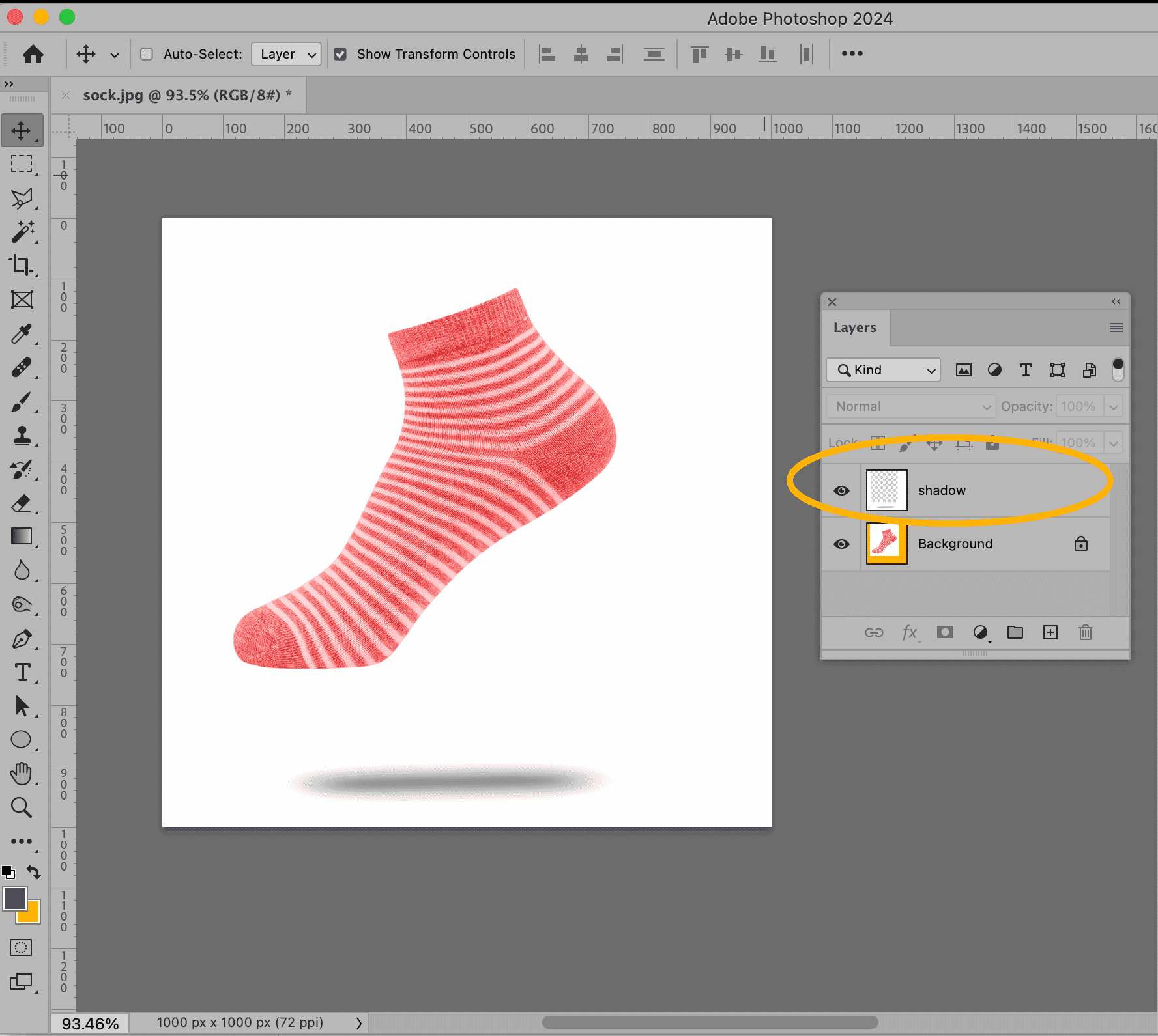 Photoshop workspace showing a floating sock with added shadow layer using Generative Fill. Shadow layer is highlighted in the Layers panel.