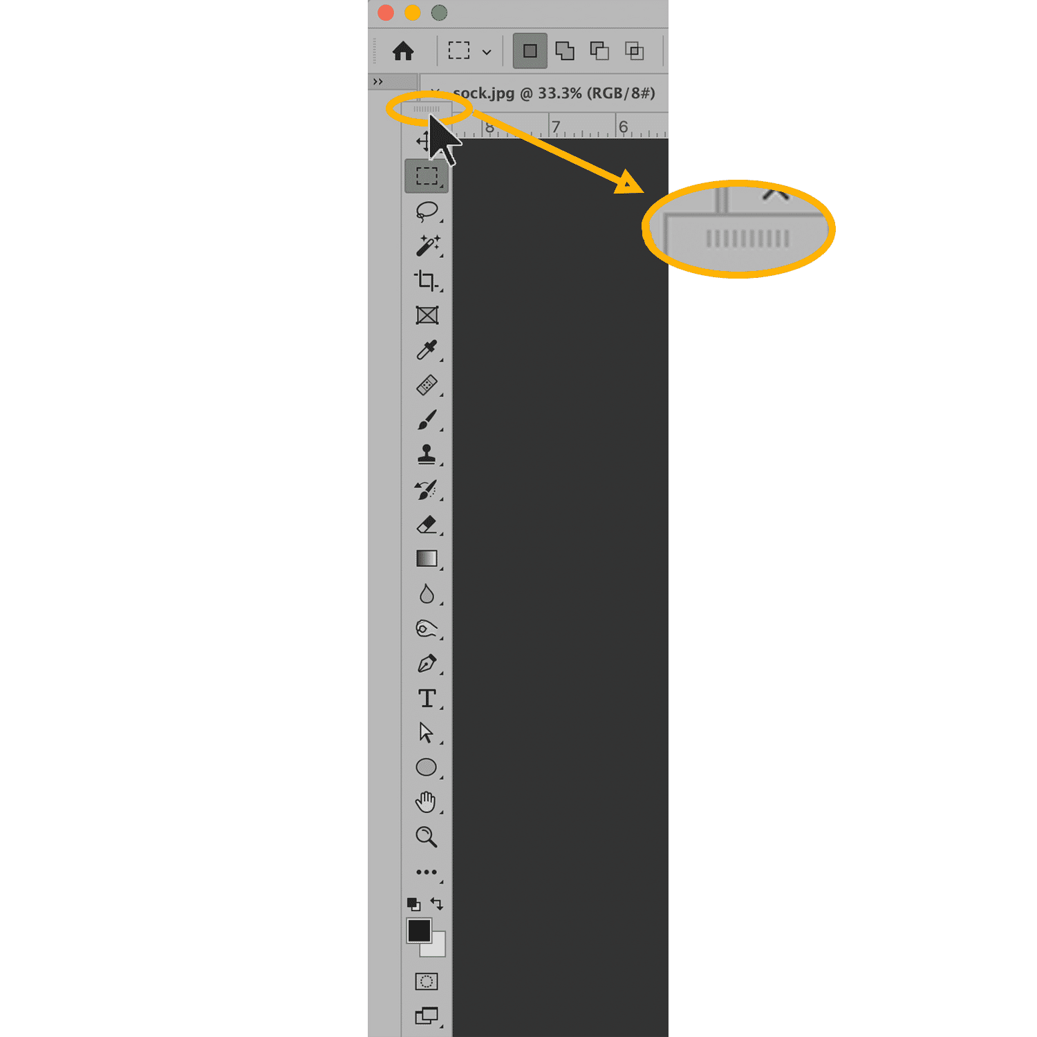 Photoshop toolbar with drag icon highlighted, showing cursor and slider tool