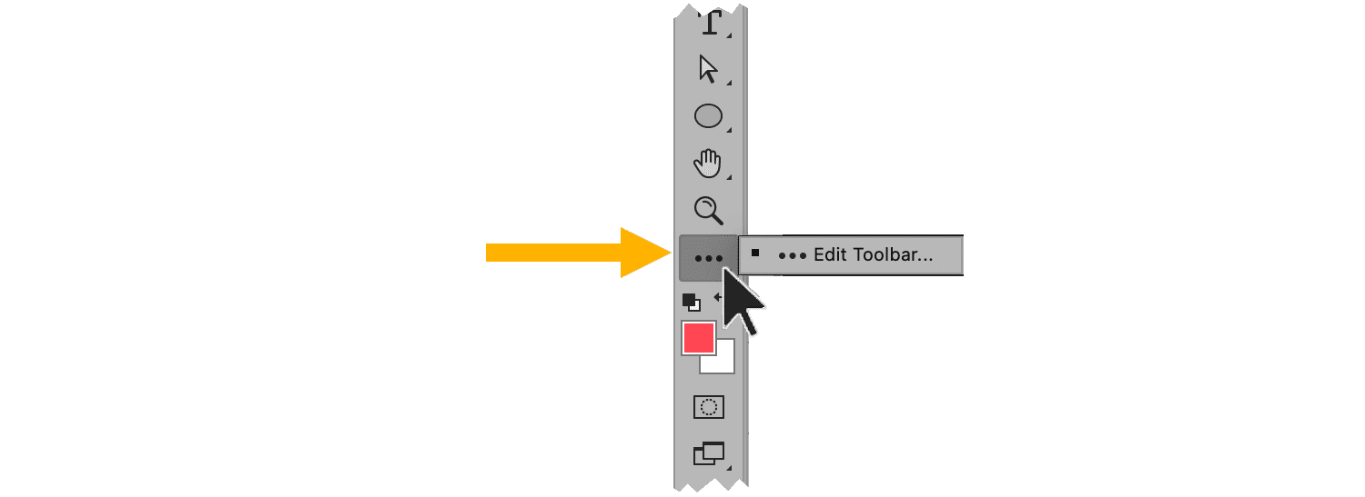 Photoshop toolbar with 'Edit Toolbar' option highlighted for customization
