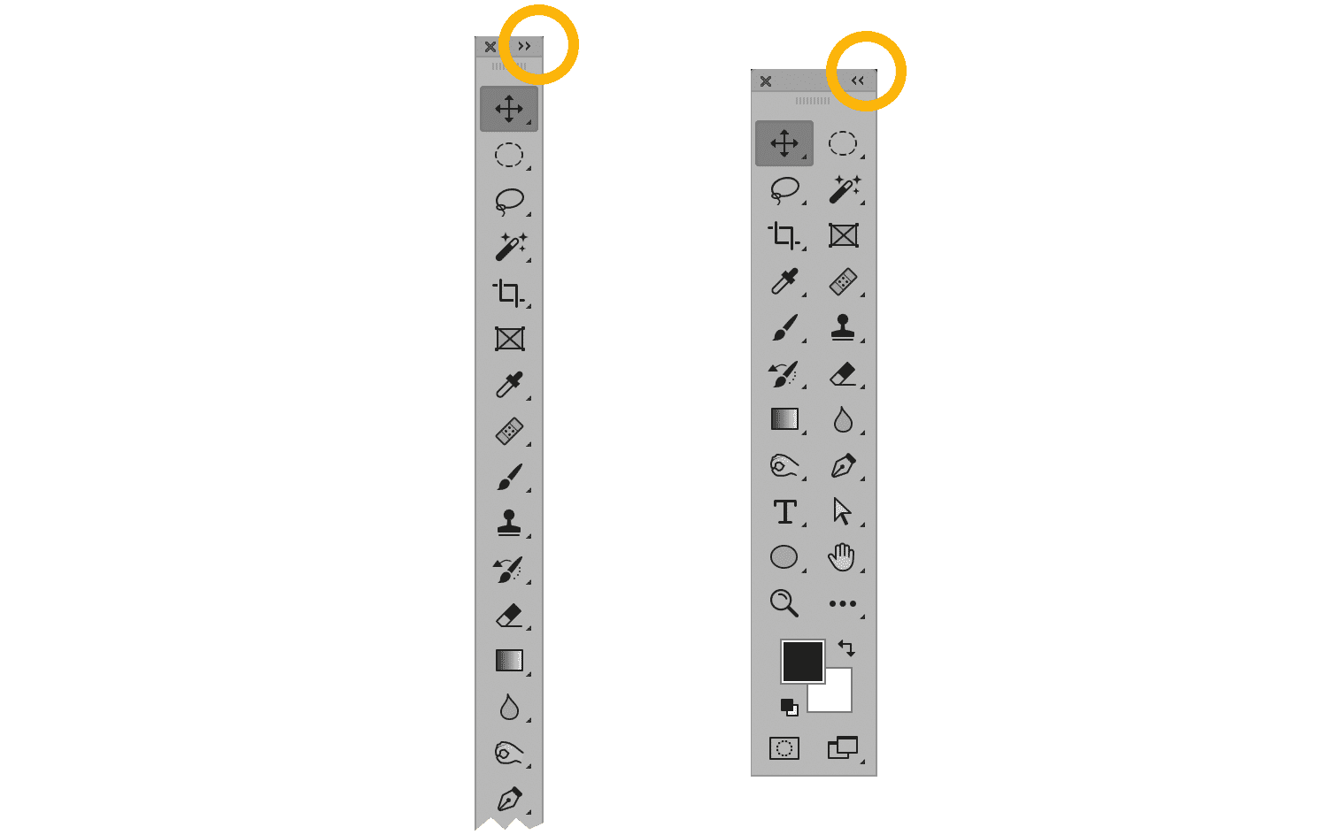 Photoshop toolbar shown in expanded and collapsed states with icons highlighted.