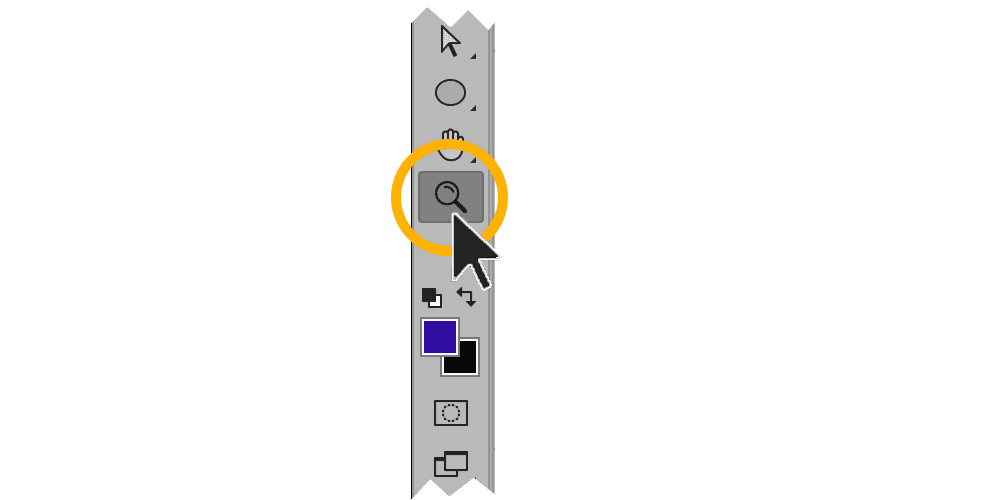 Photoshop toolbar with Zoom Tool icon highlighted and cursor pointing at it