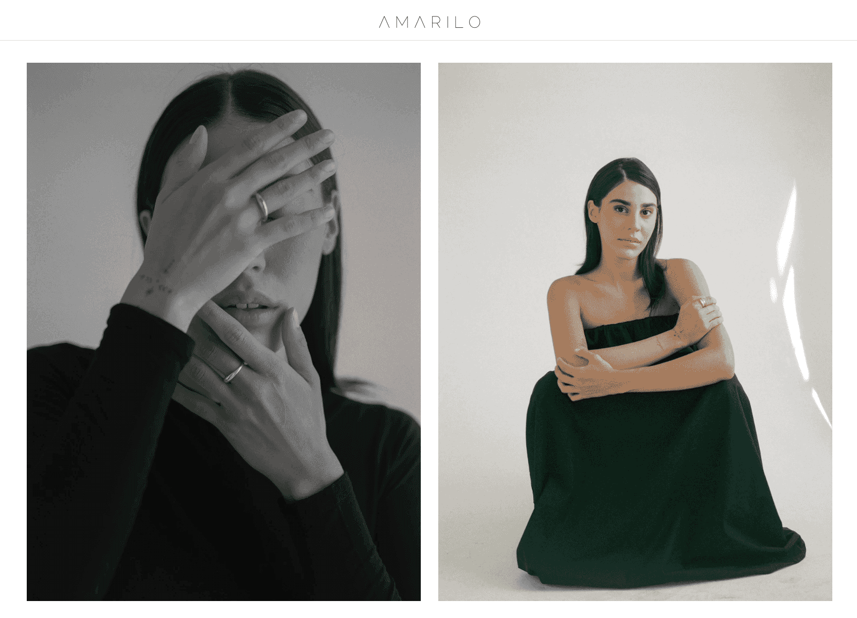 Model wearing Amarilo rings, showcasing minimalist jewelry styling in black-and-white and color