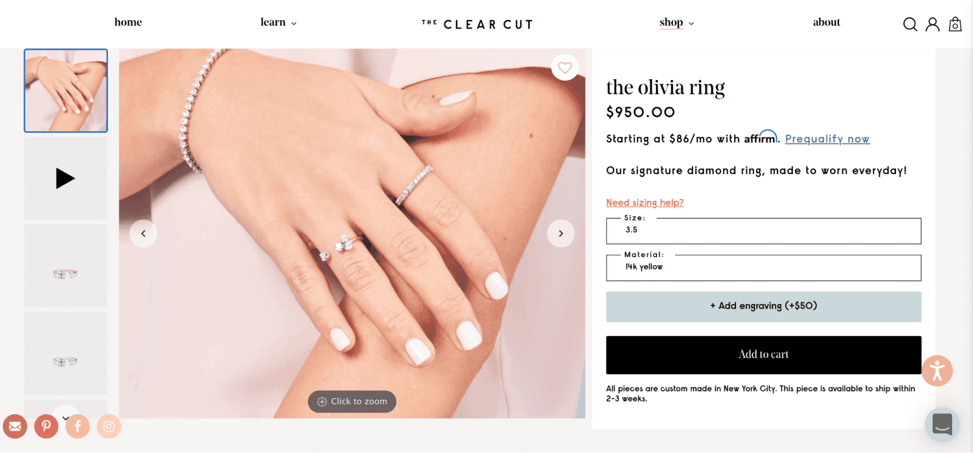Close-up of a hand wearing The Clear Cut’s Olivia diamond ring with a gold bracelet and band