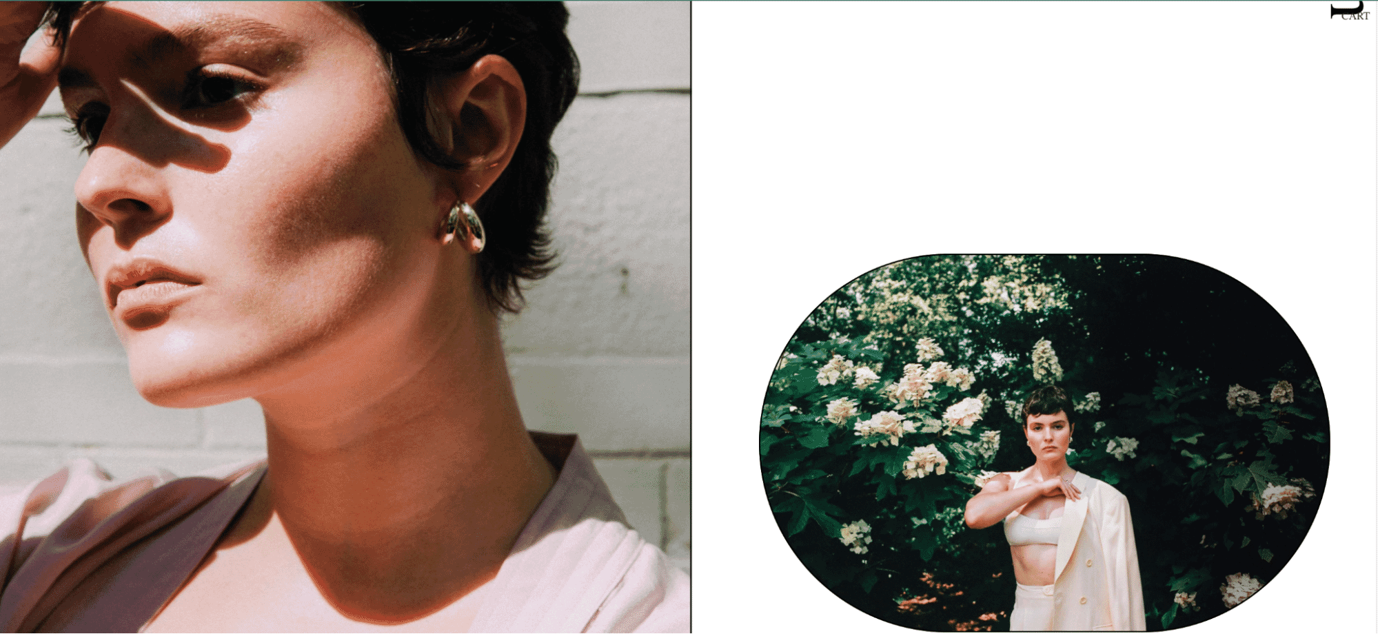 Model wearing gold hoop earrings in an outdoor floral setting, with close-up and full-body views