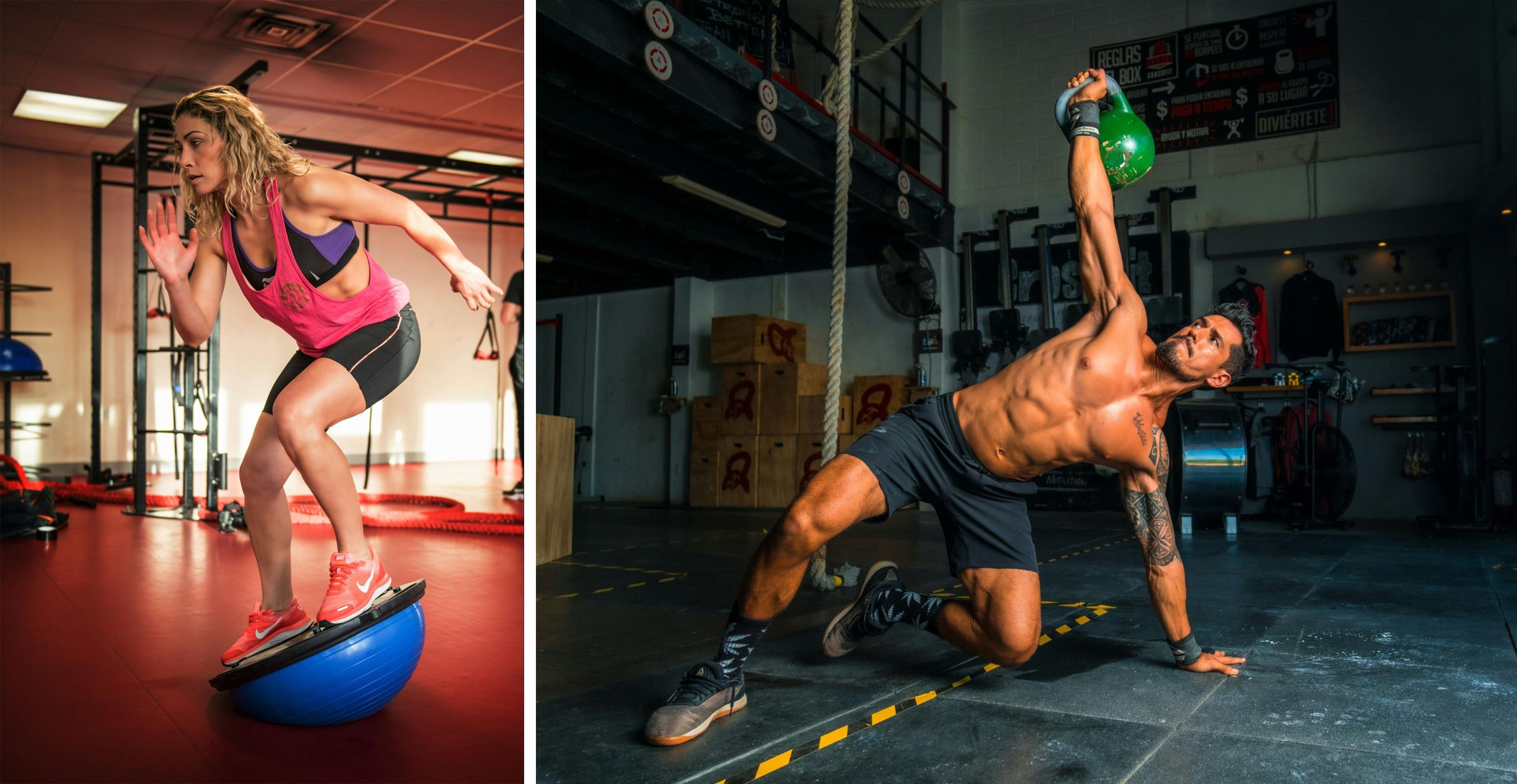 Split-image of two athletes engaged in fitness training—on the left, a woman in a pink tank top balancing on a BOSU ball in a gym, and on the right, a shirtless man performing a kettlebell exercise in a CrossFit-style gym. Both demonstrate strength, stability, and focus in their workouts.