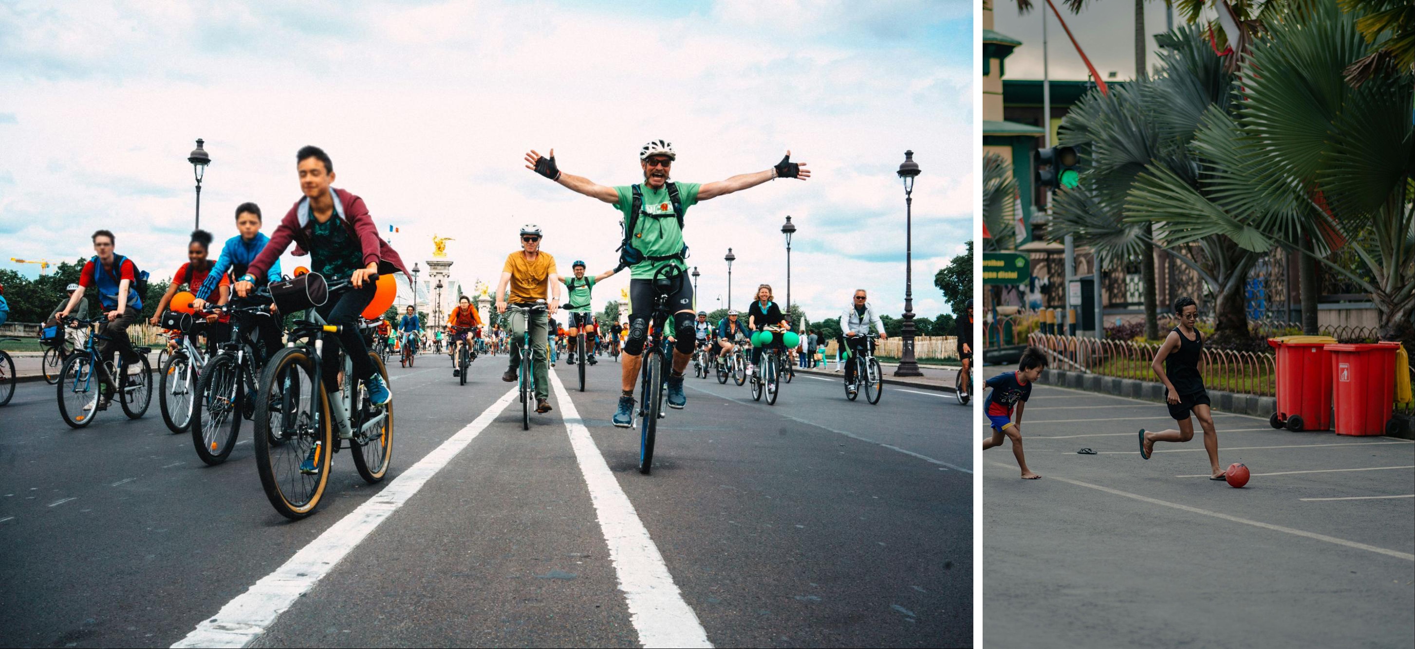 Split-image of outdoor urban activities—on the left, a large group of cyclists participating in a biking event on a city street, with a man in a green shirt joyfully riding with his arms open. On the right, two young boys play street soccer on an open road, showcasing energy and movement in a lively urban setting.