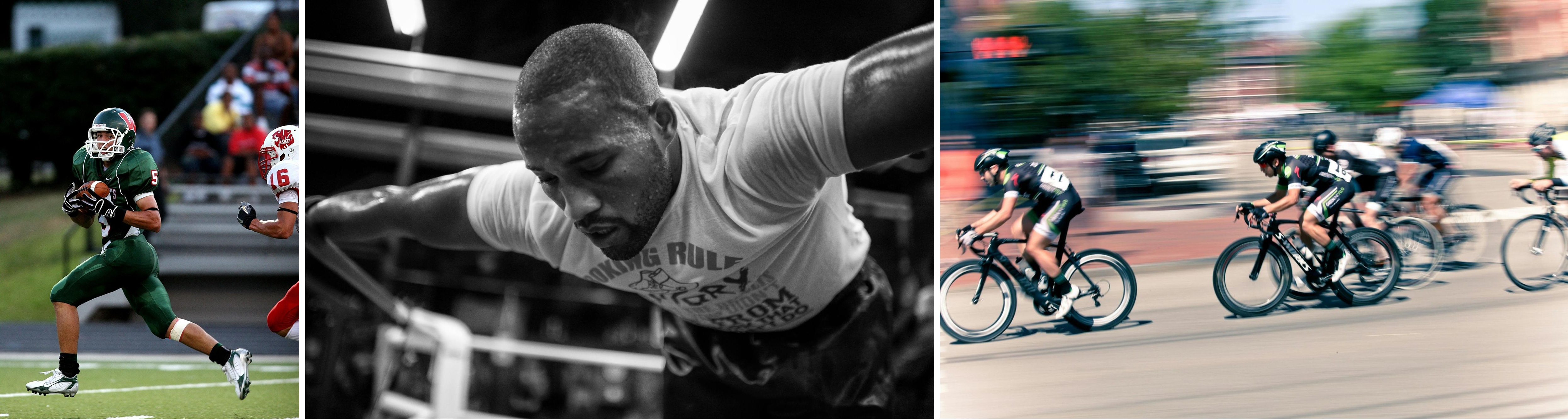 A collage of three sports images featuring athletes in action: an American football player running with the ball, a boxer intensely training with sweat on his face, and a group of cyclists racing with motion blur in the background.