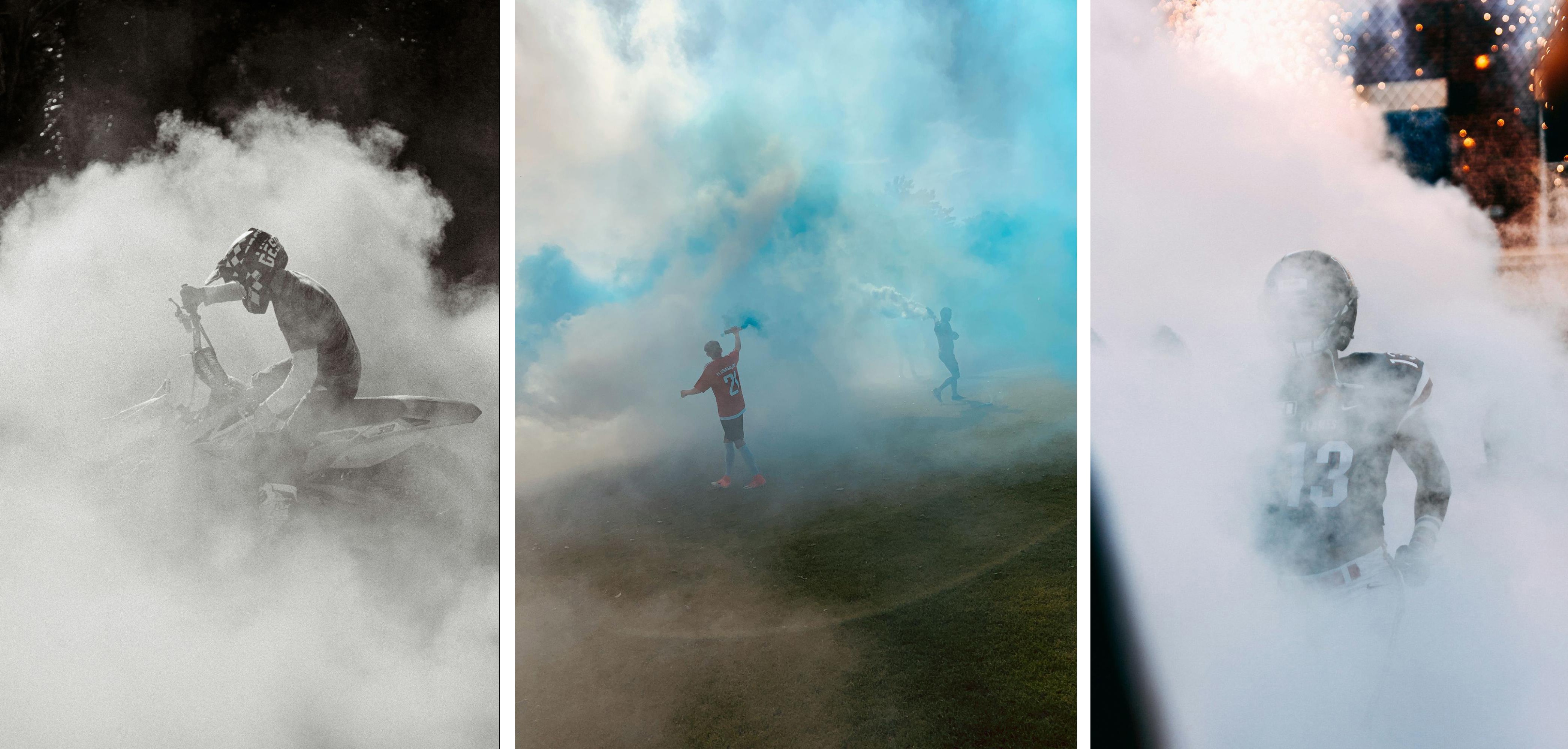 A triptych of intense sports moments surrounded by smoke—on the left, a motocross rider emerges from a cloud of dust in a black-and-white image; in the center, two athletes wave blue smoke flares on a grassy field; on the right, an American football player walks through thick smoke and sparks, creating a dramatic entrance scene.