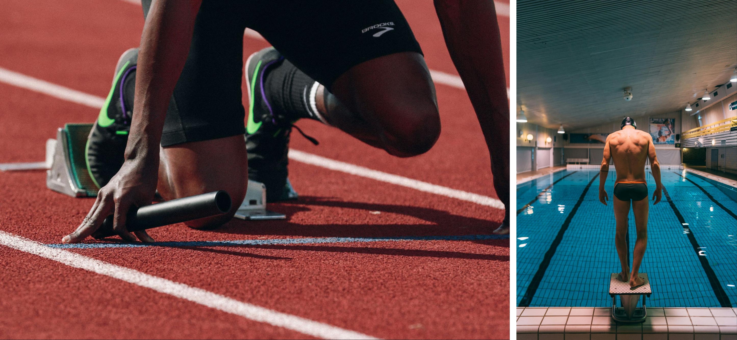 Split-image of two athletes preparing to compete—on the left, a track runner in a crouched starting position holding a baton, and on the right, a swimmer standing on a diving block, ready to jump into a pool. Both images capture moments of intense focus before the start of their respective races.