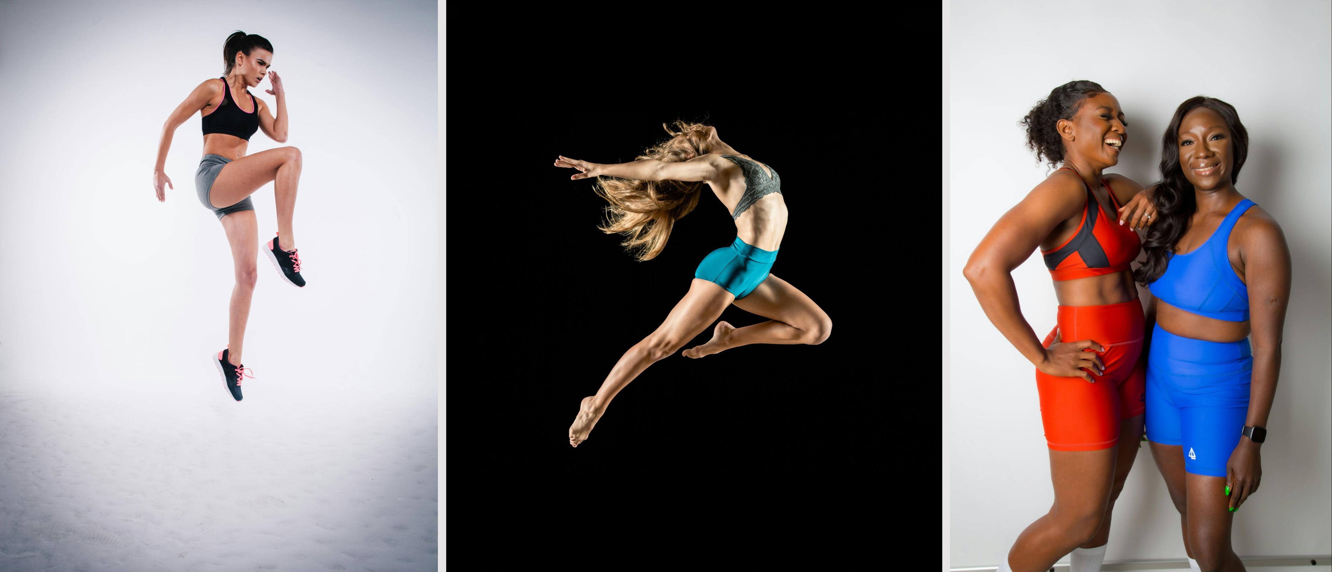 A triptych celebrating women's fitness—on the left, a woman in athletic wear performs a high jump against a white background; in the center, a dancer leaps gracefully in mid-air with a black background highlighting her movement; on the right, two women in colorful activewear smile and pose confidently together, showcasing strength and joy in fitness.