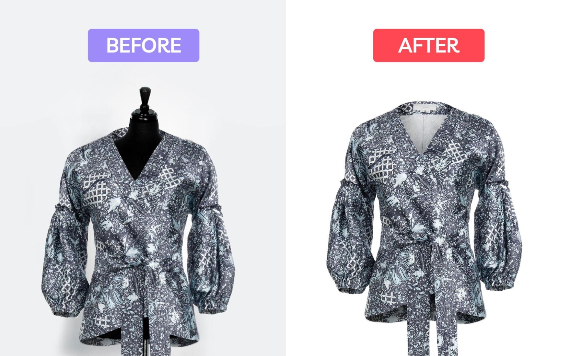 Before and after comparison of blouse with ghost mannequin effect applied for a seamless display.