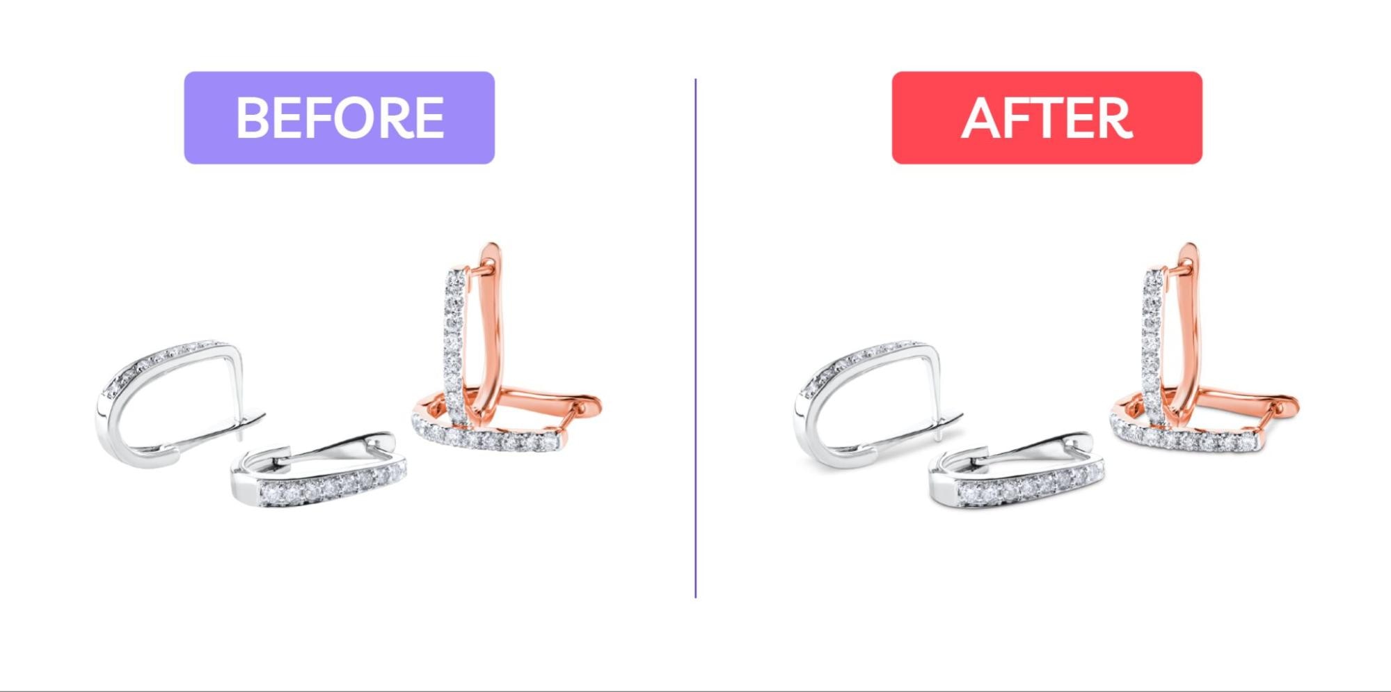 Before and after comparison of earrings color change from rose gold to silver with embedded stones