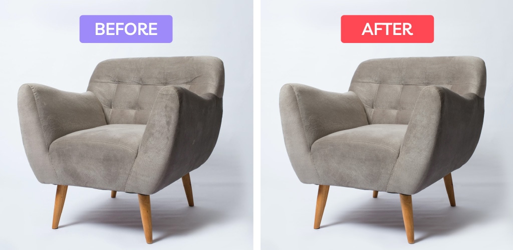 Side-by-side before and after view of a gray armchair with wrinkle removal editing