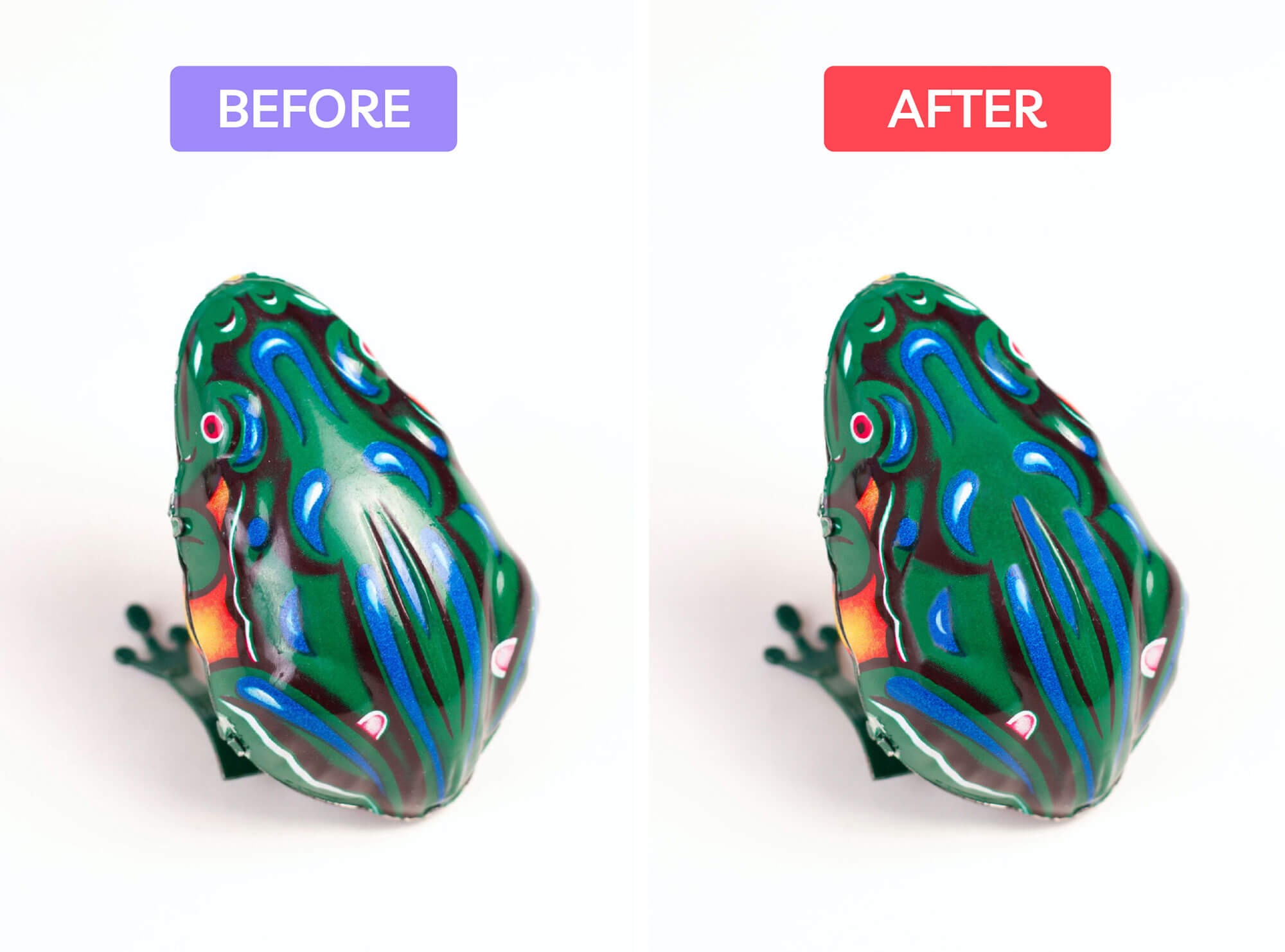 Side-by-side before and after of a green frog figurine with lighting adjustments.