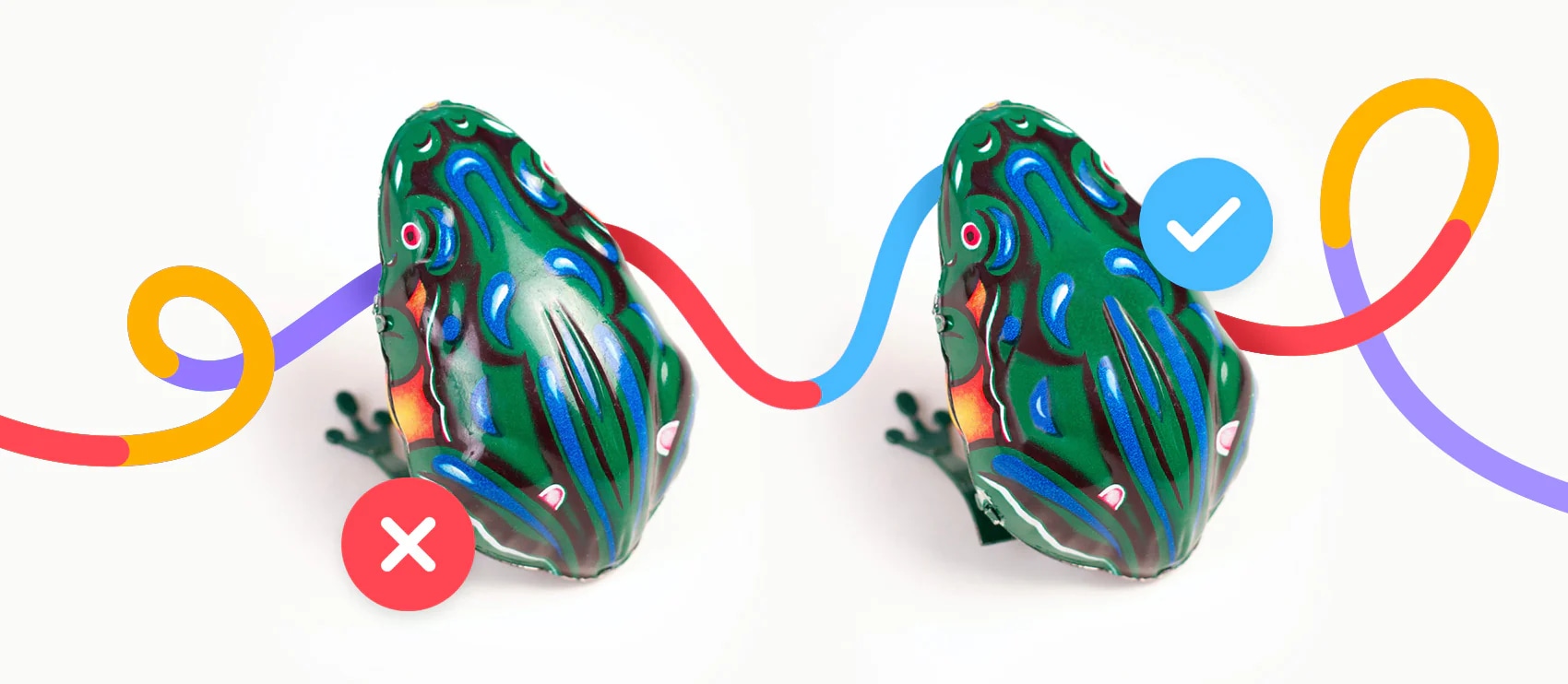 Comparison of edited and unedited toy frog image, highlighting product photo editing benefits