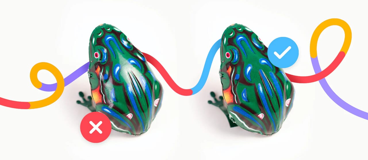 Comparison of edited and unedited toy frog image, highlighting product photo editing benefits