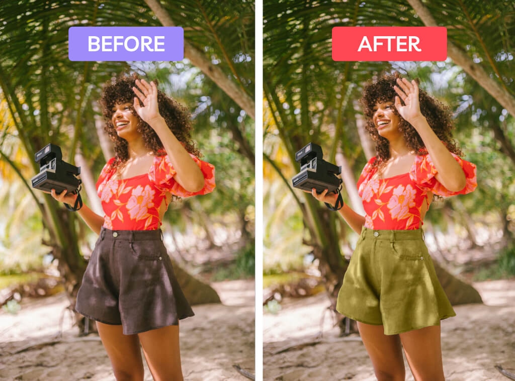 Before and after comparison of shorts color change from black to olive green on a woman with a camera