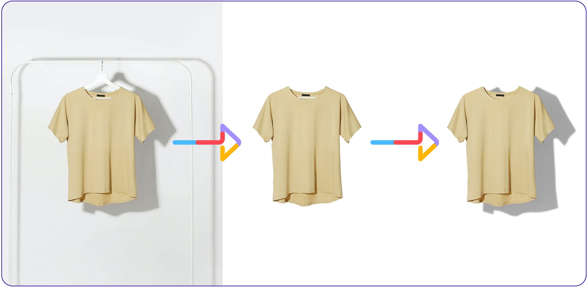 Three-step process of T-shirt editing: hanger removal and background isolation on beige T-shirt.