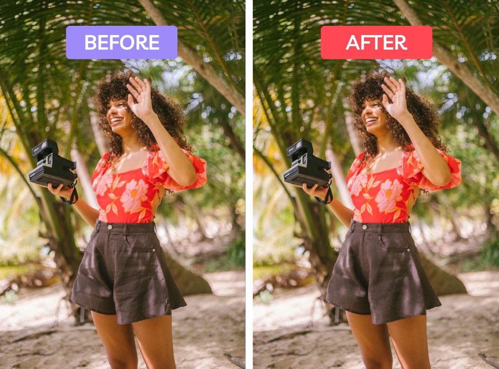 Side-by-side before and after of a woman’s shorts with wrinkle removal editing in an outdoor setting.