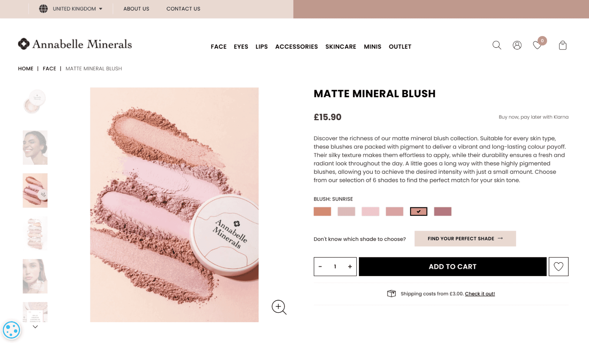 Annabelle Minerals Matte Mineral Blush product page showing blush color options and product description with blush powder swatches.