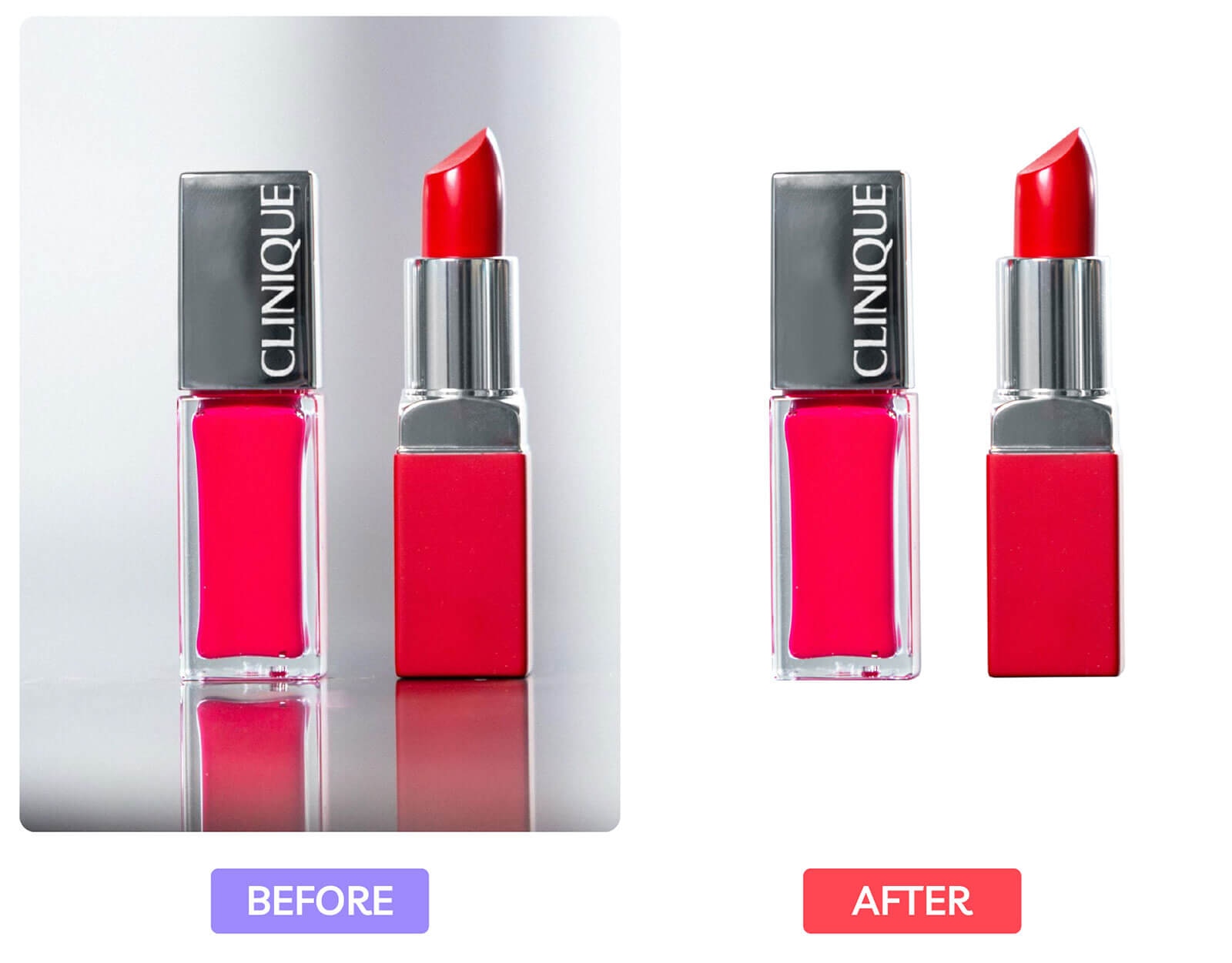 Clinique red lipstick and gloss side-by-side, before and after background removal.
