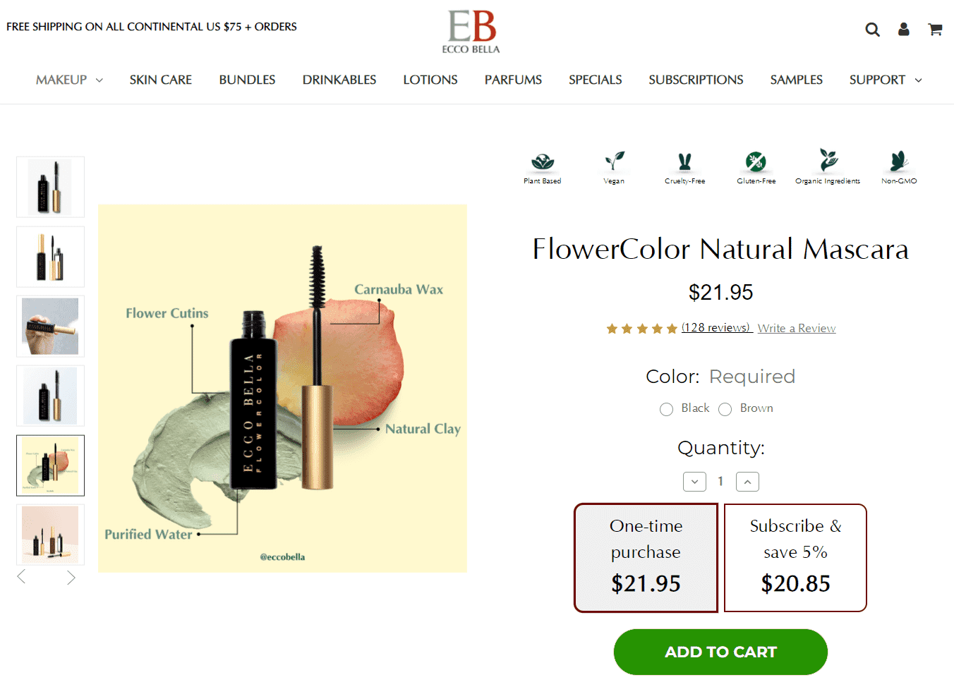 Ecco Bella FlowerColor Natural Mascara shown with botanical ingredients including carnauba wax, flower cutins, and natural clay.