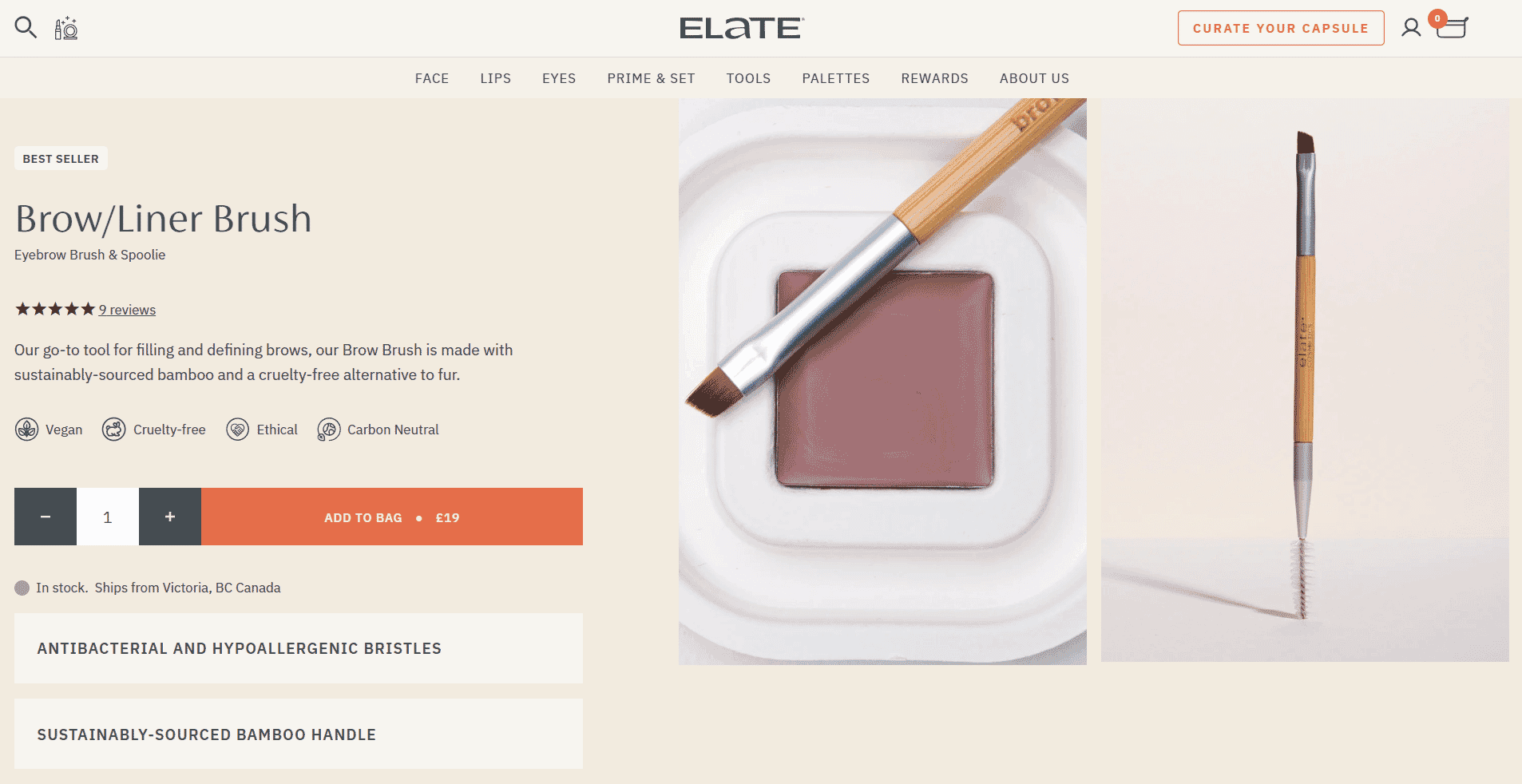 Elate Brow/Liner Brush with bamboo handle, shown with eyebrow product and spoolie tip, highlighted as vegan and cruelty-free.