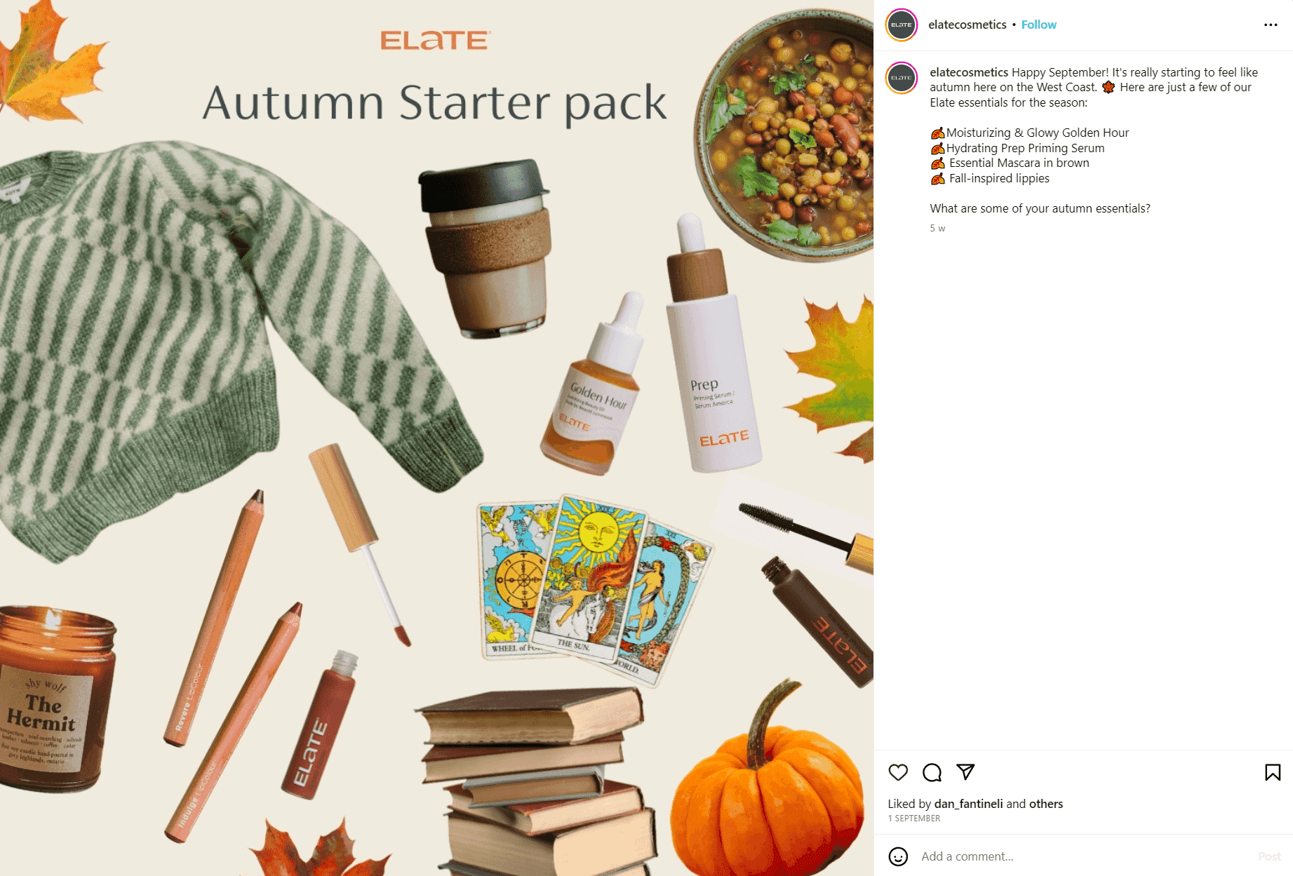 Flat lay of Elate Cosmetics autumn essentials including skincare, makeup, sweater, coffee cup, pumpkin, and tarot cards.