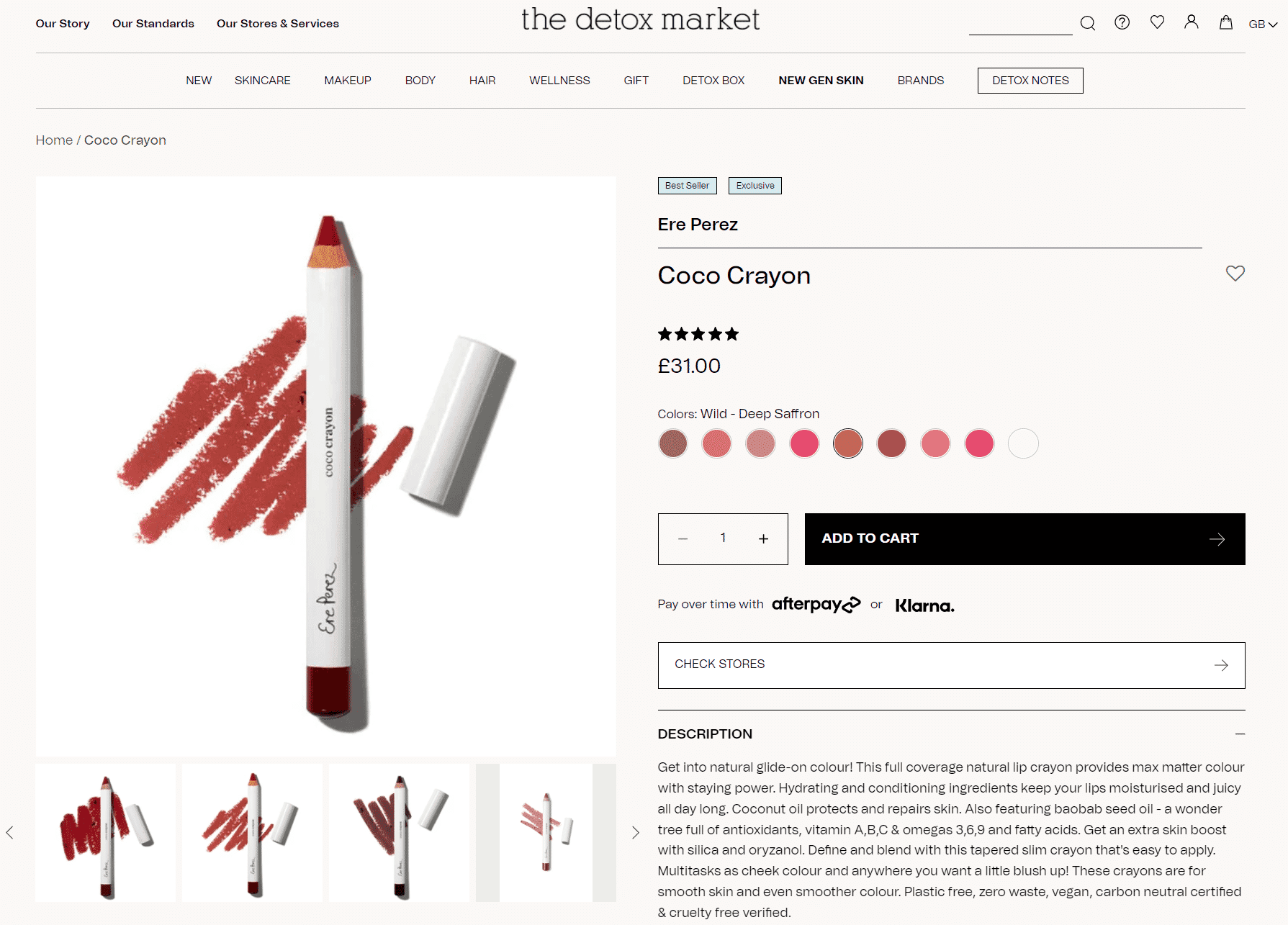 Ere Perez Coco Crayon in Wild shade with color swatches, displayed on Detox Market product page with add-to-cart option.
