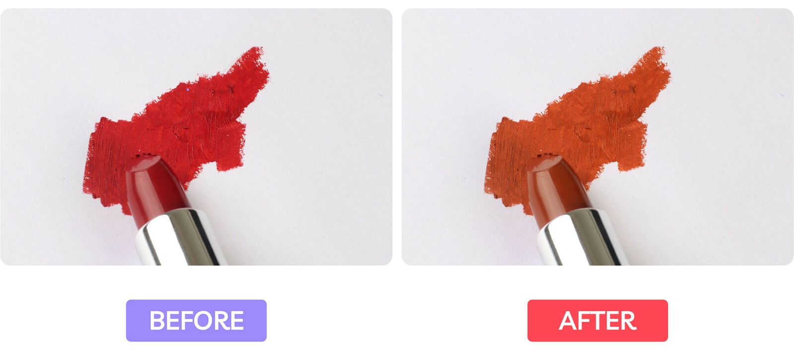 Lipstick with red and orange swatches in a before-and-after color adjustment comparison.