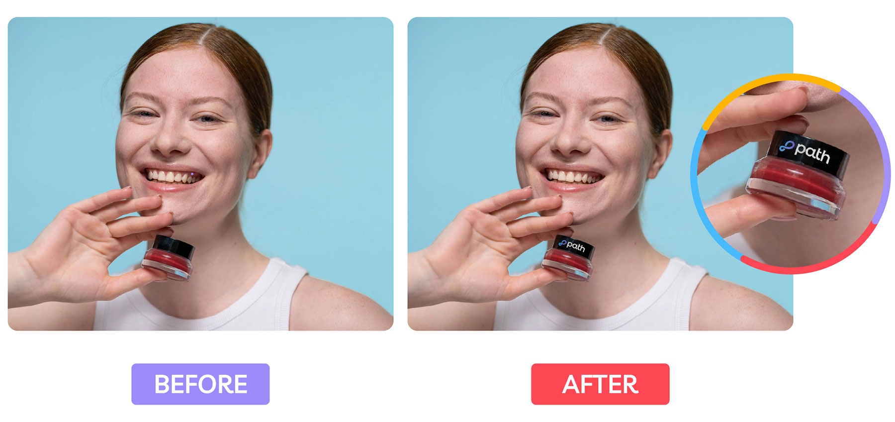 Smiling woman holding Path lip balm jar, showing before and after retouching details.