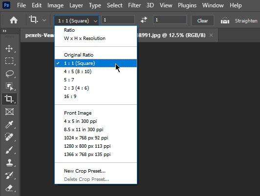 Photoshop Crop Tool menu showing aspect ratio options, including square, original, and various presets for image cropping.
