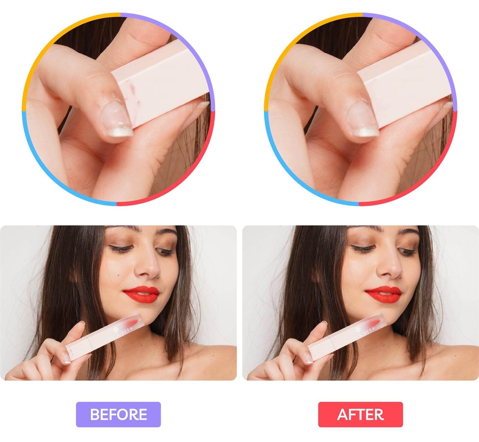 Comparison of before and after retouched images showing a woman's hand holding lip gloss with improved clarity and color.
