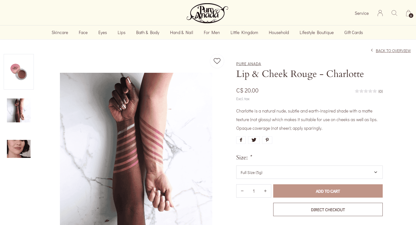 Pure Anada Lip & Cheek Rouge in Charlotte shade displayed on model’s arm with product description and color swatches on product page.