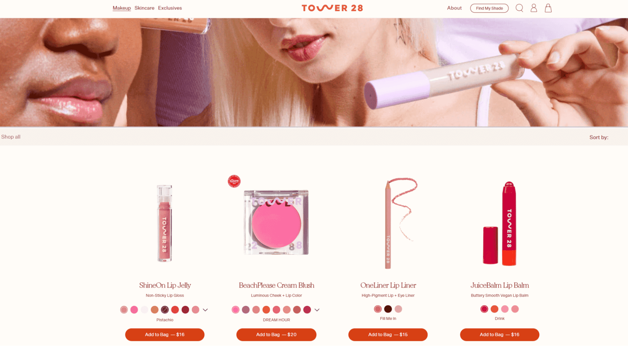 Tower 28 collection featuring ShineOn Lip Jelly, BeachPlease Cream Blush, OneLiner Lip Liner, and JuiceBalm Lip Balm on product page.