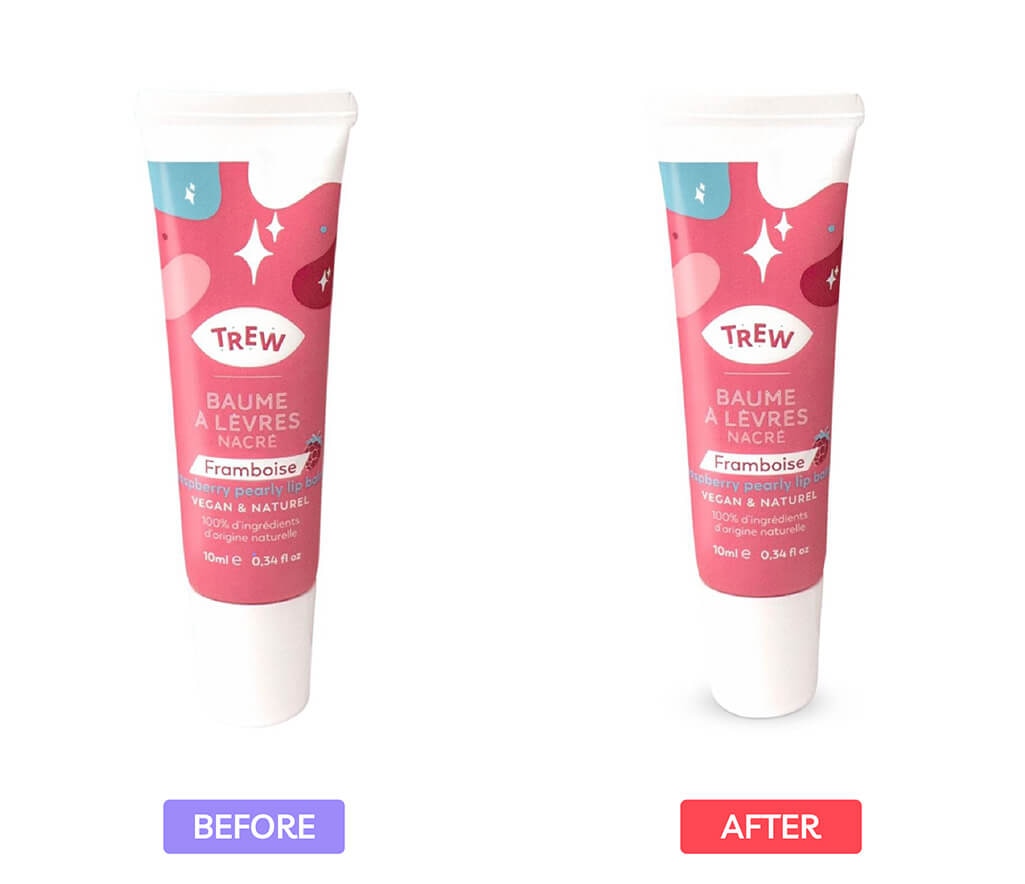 TREW raspberry lip balm tube with before and after retouching comparison.